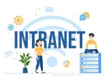 Illustration d'un intranet, avec des icônes de communication et des personnes interagissant avec la technologie pour une communication interne fluide.