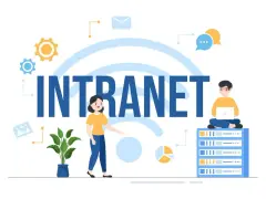 Illustration d'un intranet, avec des icônes de communication et des personnes interagissant avec la technologie pour une communication interne fluide.