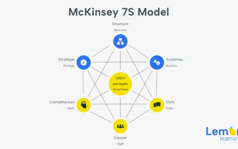 Le modèle 7s de McKinsey illustre les éléments clés d'une organisation : Stratégie, Structure, Systèmes, Valeur partagée, Style, Équipe et Compétences.