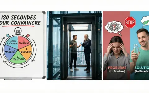 Un exemple de pitch de présentation personnelle : un schéma de chronomètre avec les étapes "Accroche", "Douleur", "Solution", "Marché", "Appel à l'action".