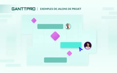 GanttPRO présente des exemples de jalons de projet avec des barres de tâches et des marqueurs de jalon, illustrant la progression et les étapes clés.