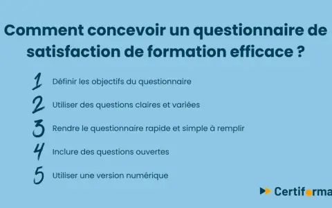 Comment créer un questionnaire de satisfaction de formation efficace : définir objectifs, questions claires, simplicité, questions ouvertes, version numérique.
