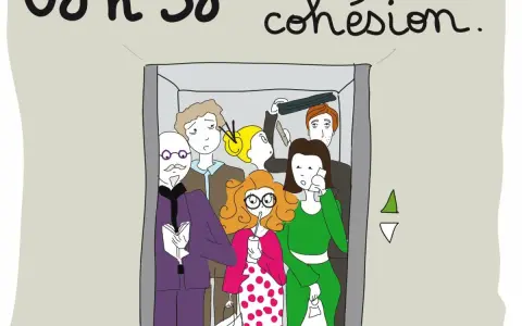 Ascenseur bondé, une scène de gif travail humour. Les gens sont serrés, certains semblent agacés, d'autres pensifs.