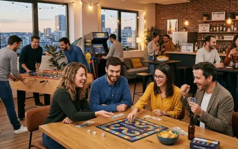 Des employés profitent d'un week-end entreprise animé avec jeux de société, baby-foot et bornes d'arcade. Ambiance conviviale et ludique.