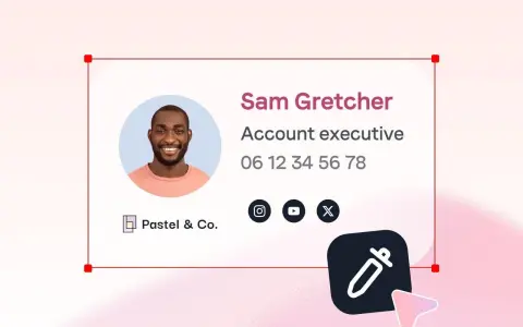 Signature mail de Sam Gretcher, Account executive chez Pastel & Co. Un exemple de signature respectant le droit à la déconnexion.