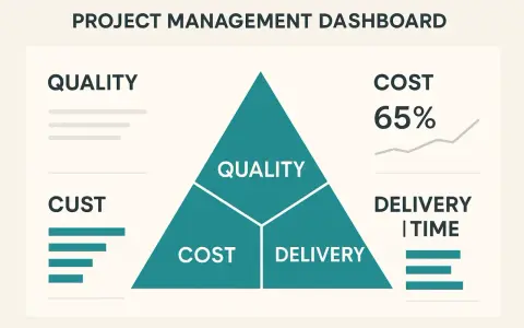 Tableau de bord de gestion de projet : triangle divisé en Qualité, Coût et Délai. Le contrôle de gestion projet est essentiel.