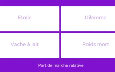 Matrice BCG : Étoile, Dilemme, Vache à lait, Poids mort. Analyse de la croissance du marché et de la part de marché relative.