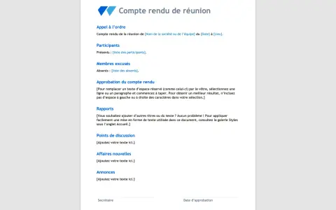 Modèle de compte rendu de réunion avec sections pour l'ordre du jour, les participants, l'approbation, les rapports, les points de discussion, les affaires nouvelles et les annonces.