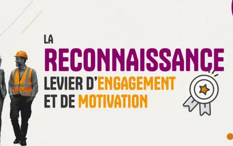 Deux ouvriers discutent, souriants, sous le titre "La reconnaissance, levier d'engagement et de motivation au travail".