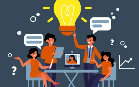 Une équipe discute autour d'une ampoule lumineuse, symbole d'une idée brillante. L'esprit d'analyse est palpable dans leurs échanges, menant à une croissance positive.