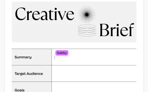Extrait d'un exemple de feuille de briefing créatif. Le titre "Creative Brief" est visible, ainsi que les sections "Summary", "Target Audience" et "Goals".