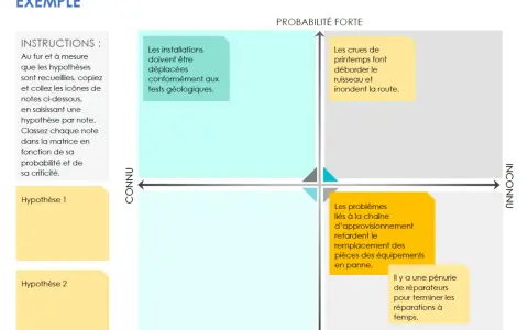 Matrice d'hypothèses pour un exemple de synthèse de projet, classant les risques par probabilité et connaissance.