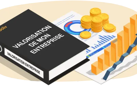 Livre "Valorisation de mon entreprise" avec graphiques, pièces d'or et barreaux montrant la croissance.