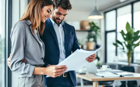 Un couple d'affaires examine des documents, illustrant une gestion multi projet réussie dans un bureau moderne.
