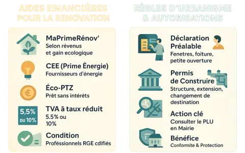 Tableau comparatif des aides financières pour la rénovation et des règles d'urbanisme.