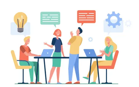 Des personnes échangent des idées lors d'une réunion de formation. Une ampoule symbolise l'inspiration, des bulles de dialogue et des engrenages représentent la collaboration et la résolution de problèmes.