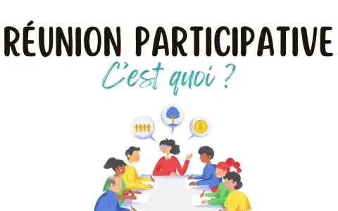 Illustration d'une réunion participative avec des bulles de pensée symbolisant la collaboration, la croissance et la prospérité.