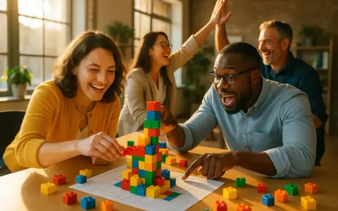 Des personnes s'amusent lors d'une animation de groupe jeux, construisant une tour colorée avec des blocs.
