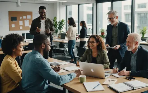 Une équipe diverse discute autour d'une table, illustrant la définition d'une plateforme collaborative : un espace de travail partagé pour une meilleure synergie.