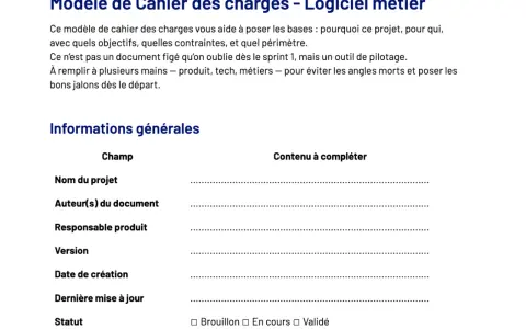 Modèle de cahier des charges pour un logiciel métier. Ce document sert de guide pour définir les objectifs, contraintes et périmètre d'un projet.