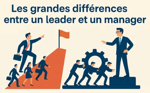 Illustration montrant la différence entre manager et leader : un leader guide vers un sommet, un manager dirige une équipe poussant une roue dentée.