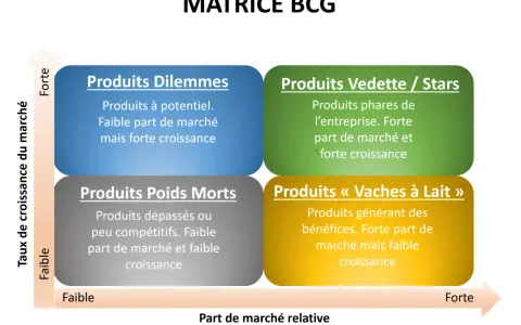 Matrice BCG : produits dilemmes, vedettes, poids morts et vaches à lait, classés selon leur part de marché et leur taux de croissance.