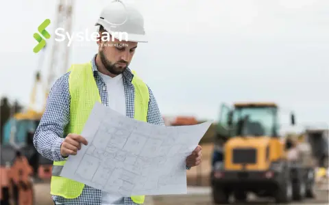 Un chef de projet AMOA, casque blanc et gilet fluo, examine des plans sur un chantier.