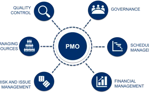 Schéma expliquant pmo c'est quoi : gestion de la qualité, des ressources, des risques, gouvernance, planning et finances.