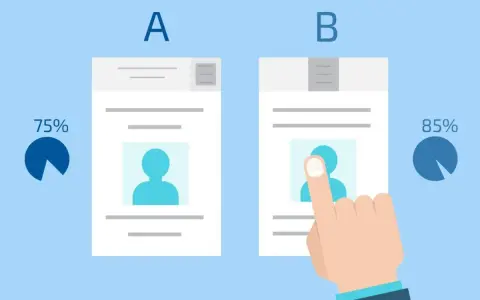 Test A/B pour developper un produit : 75% vs 85%. Une main interagit avec la version B.