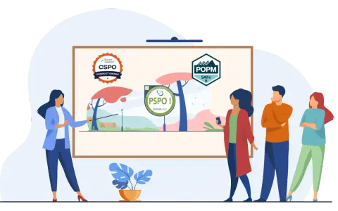 Une équipe discute des certifications : CSPO, PSPO I et POPM SAFe 6.