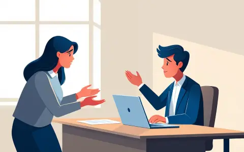Une femme exprime son mécontentement, mains tendues, face à un homme en costume souriant derrière un bureau avec un ordinateur portable.