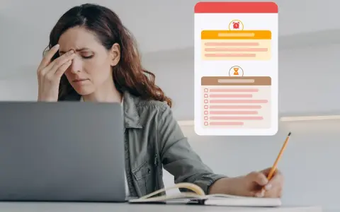 Femme stressée devant son ordinateur, jonglant avec des listes et des plans d'actions.