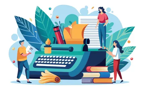 Des gens créatifs autour d'une machine à écrire, un exemple de note d'information sur l'écriture et la lecture.