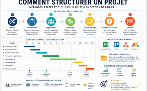 Les étapes clés d'un projet : cadrage, planification, organisation, exécution, suivi, gestion des risques et clôture. Ce schéma illustre la portée d'un projet.