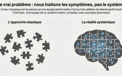 Illustration pour un atelier cohésion de groupe : pièces de puzzle éparpillées vs. un cerveau formé de pièces assemblées, symbolisant le système.