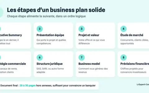Les 8 étapes clés pour un business plan solide : résumé, équipe, projet, marché, stratégie, structure, business model et prévisions financières.