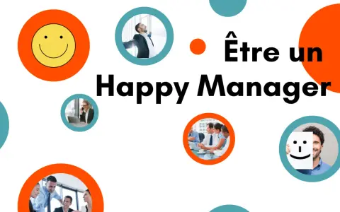 Être un Happy Manager : un homme d'affaires rayonnant, une femme au téléphone, une équipe en réunion, et un homme souriant cachant son visage derrière un smiley.