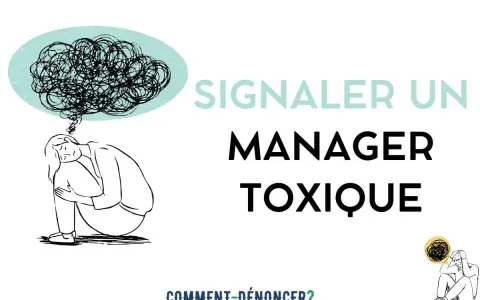 Une personne accablée par des pensées chaotiques, symbolisant le stress causé par un mauvais manager. Le texte invite à signaler un manager toxique.