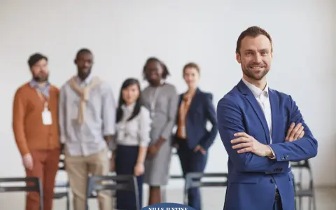 Un homme d'affaires souriant, qui semble avoir du charisme, pose devant son équipe.