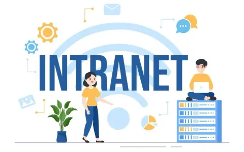 Illustration d'un intranet, avec des icônes de communication et des personnes interagissant avec la technologie pour une communication interne fluide.