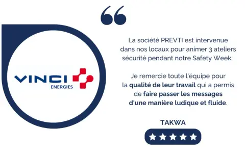 Témoignage sur la **Safety Week** : PREVTI a animé des ateliers sécurité pour Vinci Énergies, avec des messages ludiques et fluides.