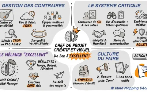 Schéma illustrant les qualités d'un chef de projet créatif et visuel, alliant gestion des contraires, système critique et culture du faire, avec un esprit de synthèse pour passer de bon à excellent.