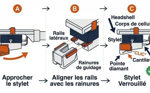 Schéma illustrant l'installation d'un diamant de Leavitt sur un corps de cellule. Le stylet est approché, aligné avec les rainures, puis verrouillé avec un clic.