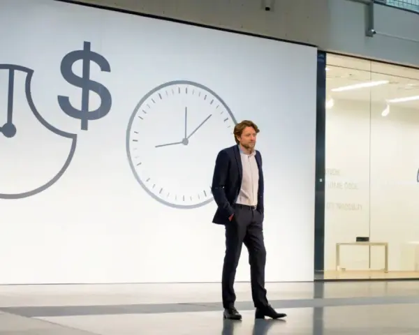 Un homme en costume présente une conférence pecha kucha. Des horloges et un symbole dollar sur l'écran suggèrent le thème du temps et de l'argent.