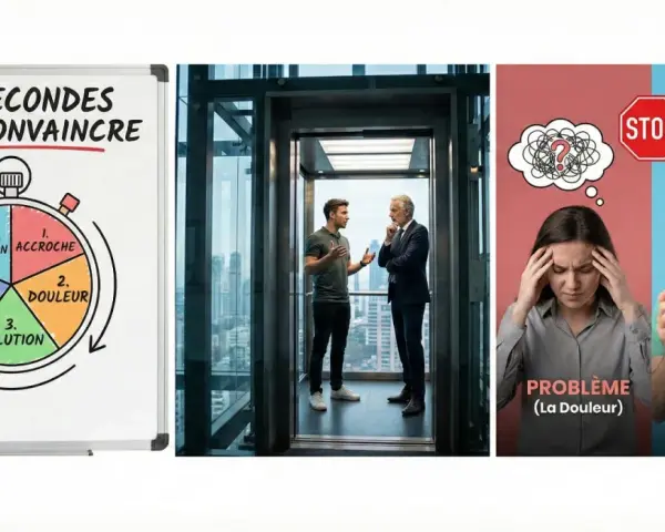 Un exemple de pitch de présentation personnelle : un schéma de chronomètre avec les étapes "Accroche", "Douleur", "Solution", "Marché", "Appel à l'action".