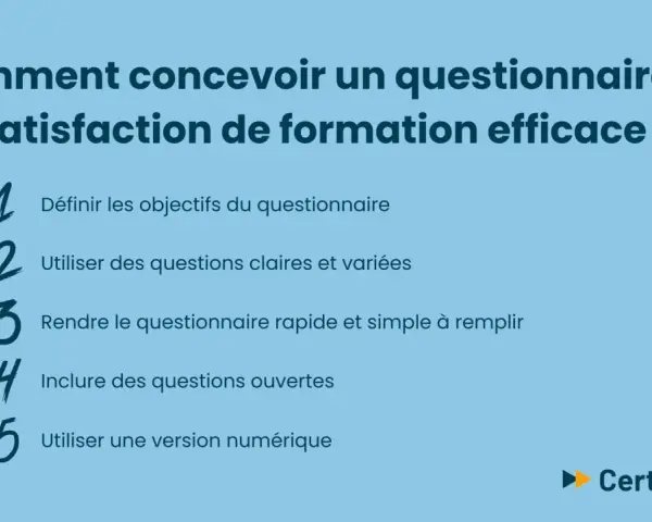 Comment créer un questionnaire de satisfaction de formation efficace : définir objectifs, questions claires, simplicité, questions ouvertes, version numérique.