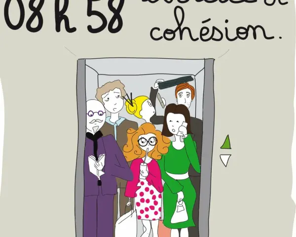 Ascenseur bondé, une scène de gif travail humour. Les gens sont serrés, certains semblent agacés, d'autres pensifs.