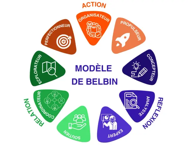 Modèle de Belbin illustrant les rôles d'équipe : perfectionneur, organisateur, propulseur, concepteur, réflexif, expert, soutien, coordinateur, relation et explorateur.
