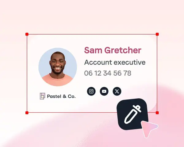 Signature mail de Sam Gretcher, Account executive chez Pastel & Co. Un exemple de signature respectant le droit à la déconnexion.