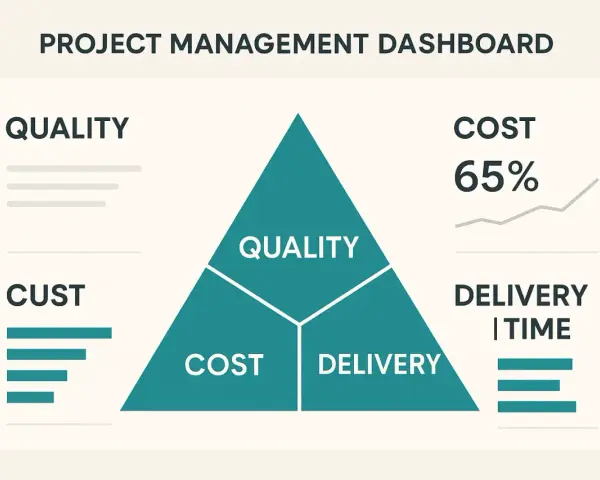 Tableau de bord de gestion de projet : triangle divisé en Qualité, Coût et Délai. Le contrôle de gestion projet est essentiel.